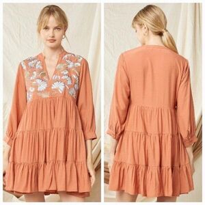 Entro S Browm Floral Embroidered Tiered V Neck Baby Doll Dress 612